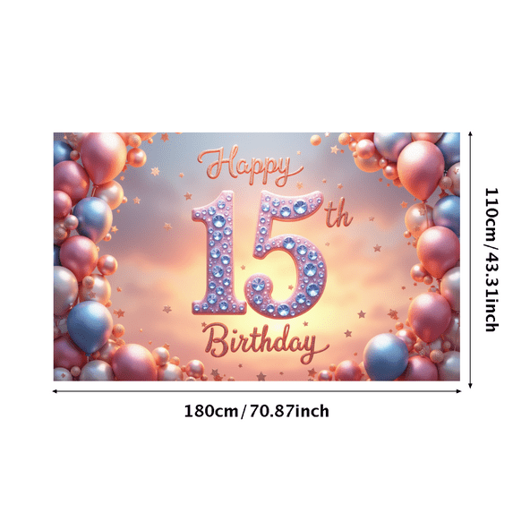Decorative Design Happy Birthday Banner Balloon Decoration 15th Birthday Banner Confetti Design Colorful Theme Polyester Material for Birthday Party Milestone Celebration Teen Celebration