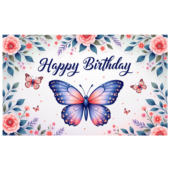 Decorative Design Happy Birthday Banner Butterfly Theme Floral Pattern for Garden Party Celebration
