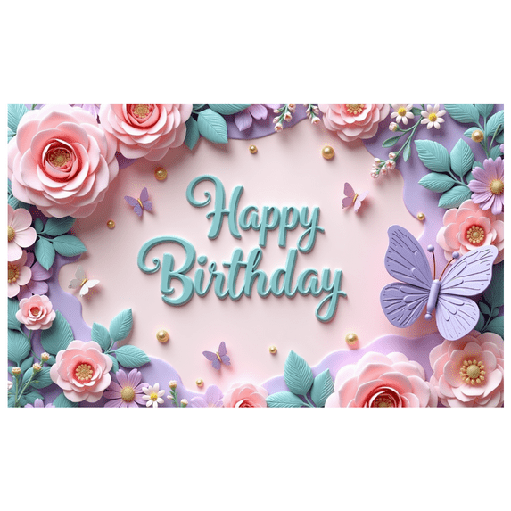 Decorative Design Happy Birthday Banner Butterfly Theme Floral Pattern for Garden Party Celebration