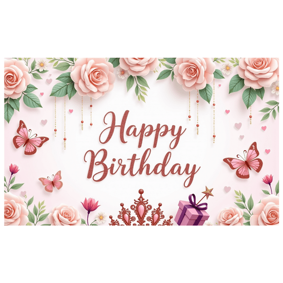 Decorative Design Happy Birthday Banner Floral Theme Gift Elements Butterfly Decorations for Birthday Party Celebration Indoor Decoration