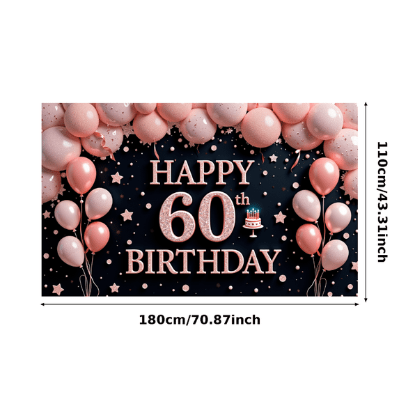 Decorative Design Happy Birthday Banner Pink Balloons 60th Cake Birthday Party Backdrop for Milestone Celebration Indoor Decoration Event Party