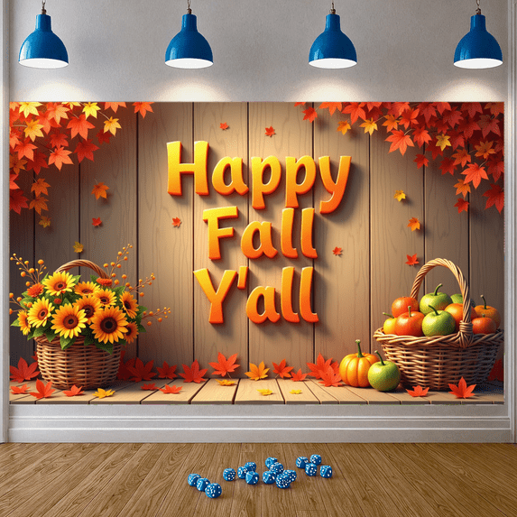 Decorative Design Happy Fall Banner Leaf Pattern Wooden Background Floral Basket for Autumn Decoration Outdoor Party Thanksgiving