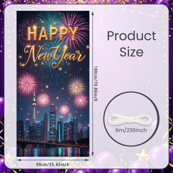 Decorative Design Happy New Year Banner Gold Glitter Stars Polyester Material Celebration Decoration for New Year's Eve Party Indoor Celebration Holiday Deco