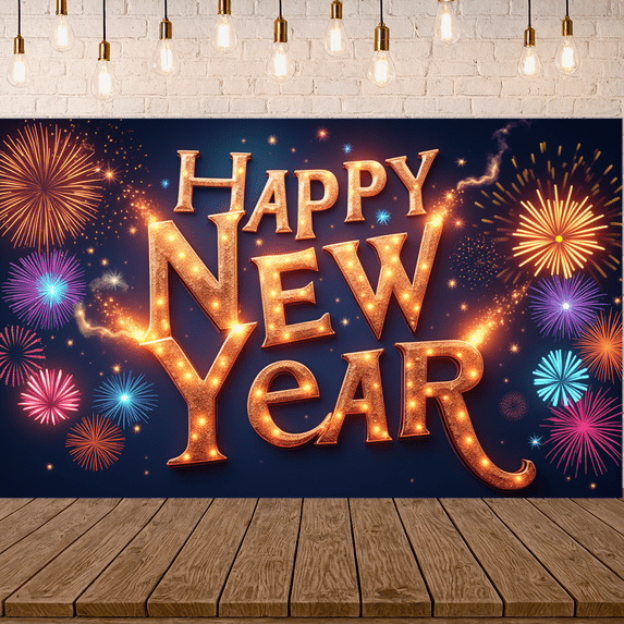 Decorative Design Happy New Year Banner Polyester Material Celebration Banner Rocket Theme Floral Elements Colorful Theme for Holiday Celebration Indoor Decoration Kids Party