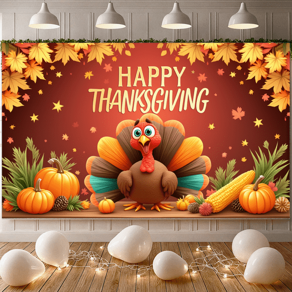 Decorative Design Happy Thanksgiving Banner Colorful Theme Autumn Leaves Harvest Turkey for Family Gathering Seasonal Celebration Indoor Decoration