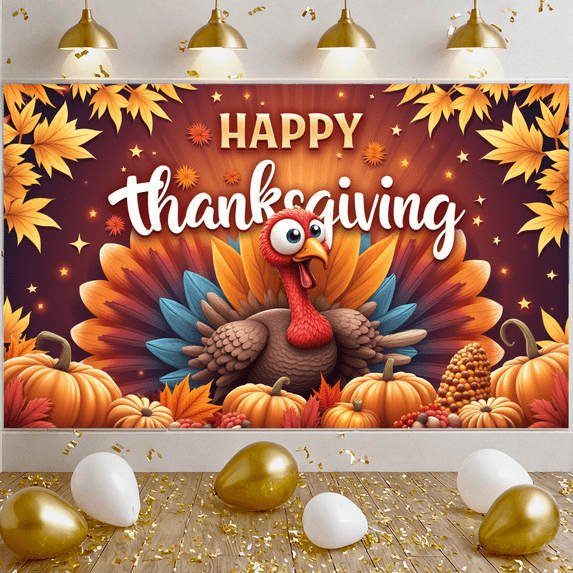 Decorative Design Happy Thanksgiving Banner Colorful Theme Autumn Leaves Harvest Turkey for Family Gathering Seasonal Celebration Indoor Decoration