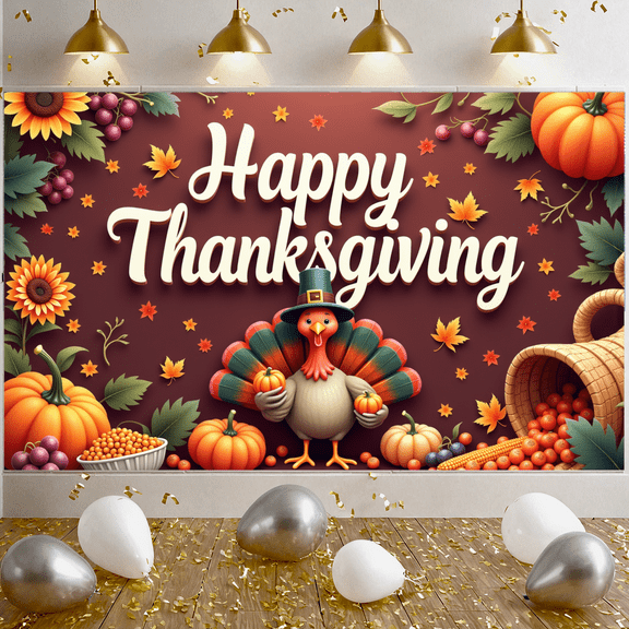 Decorative Design Happy Thanksgiving Banner Colorful Theme Fall Leaves Turkey Illustration for Thanksgiving Celebration Holiday Party Autumn Decoration