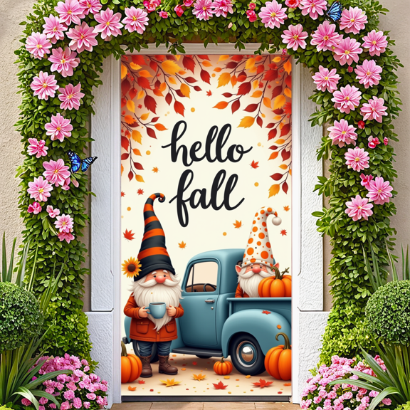 Decorative Design Hello Fall Banner Gnome Theme Pumpkin Decoration Autumn Leaves Backdrop for Seasonal Celebration Fall Festival Thanksgiving Decoration