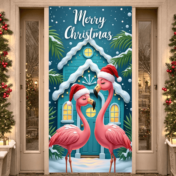 Decorative Design Merry Christmas Banner Flamingo Theme Polyester Material Flamingo Design for Holiday Decoration Winter Celebration Indoor Party