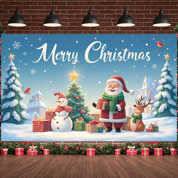 Decorative Design Merry Christmas Banner Gift Boxes Santa Claus Snow for Winter Party Holiday Celebration Family Gathering