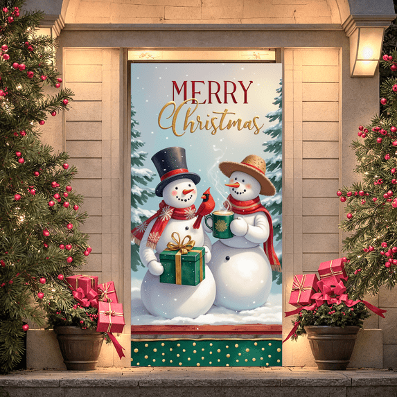 Decorative Design Merry Christmas Banner Holiday Theme Snowman Scene Decorative Green Trees for Winter Celebration Indoor Decoration Seasonal Party