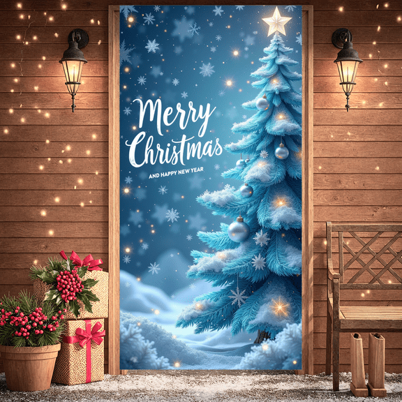 Decorative Design Merry Christmas Banner Lighted Pine Tree New Year Backdrop for Winter Party Holiday Celebration Festive Decoration