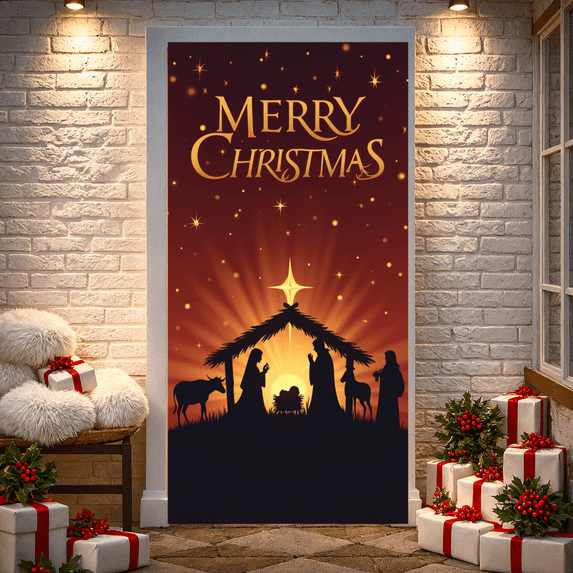Decorative Design Merry Christmas Banner Nativity Scene Backdrop Polyester Material Star Nativity Banner for Christmas Party Religious Celebration Indoor Decoration
