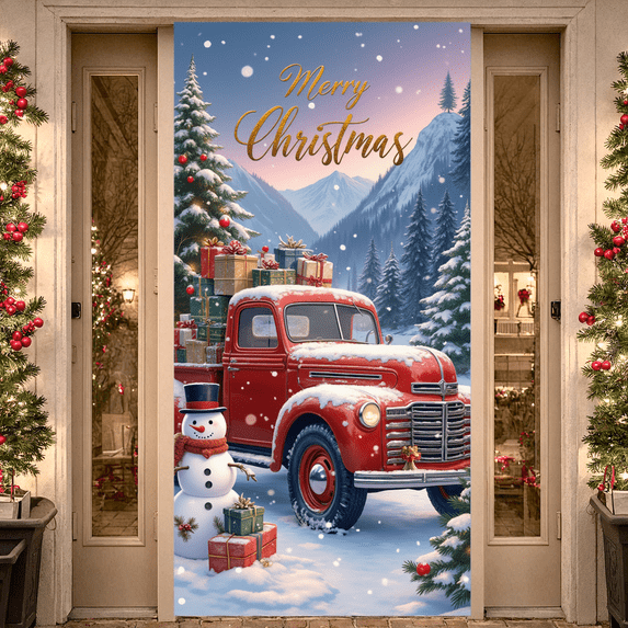 Decorative Design Merry Christmas Banner Polyester Material Christmas Tree Vintage Truck for Indoor Decoration Holiday Celebration Winter Party