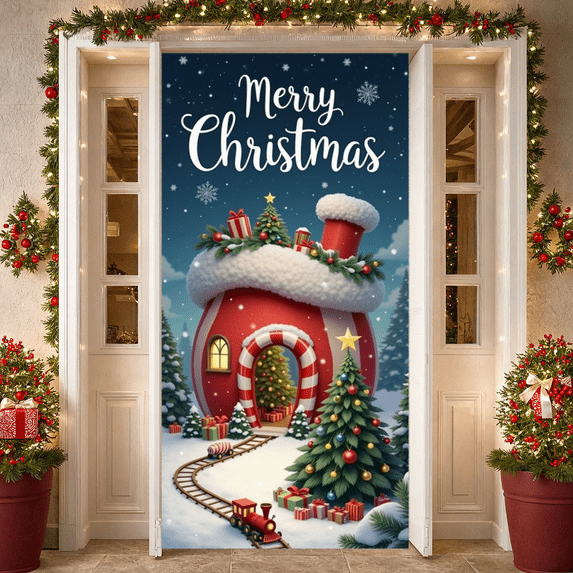 Decorative Design Merry Christmas Banner Snowy House Holiday Scene for Christmas Party Holiday Decoration Winter Celebration