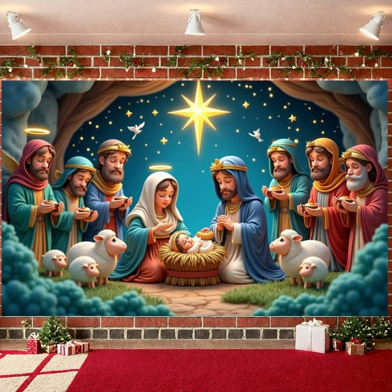 Decorative Design Nativity Banner Pastoral Scene Religious Theme Christmas Celebration for Church Events Holiday Decoration Family Gatherings