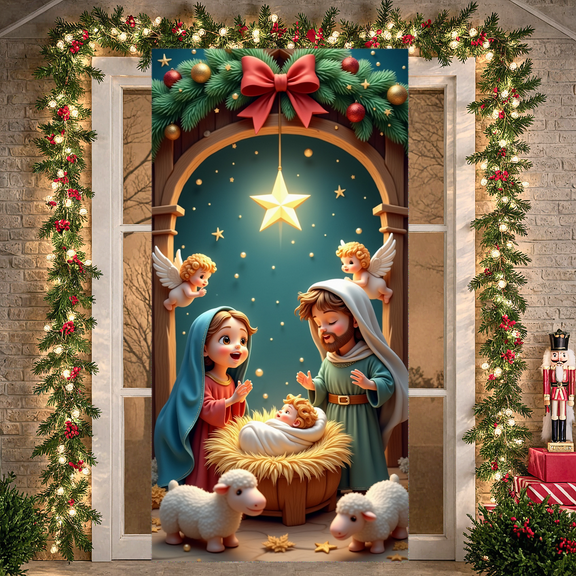Decorative Design Nativity Scene Banner Nativity Display Religious Christmas Backdrop Polyester Material for Holiday Celebration Indoor Decoration Religious Events
