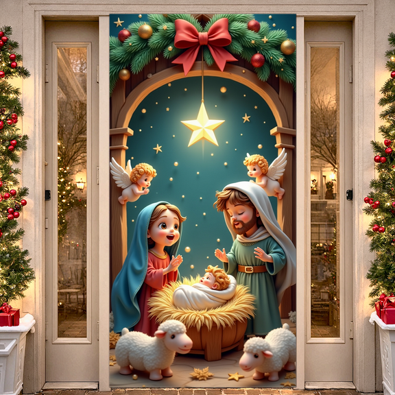 Decorative Design Nativity Scene Banner Nativity Display Religious Christmas Backdrop Polyester Material for Holiday Celebration Indoor Decoration Religious Events