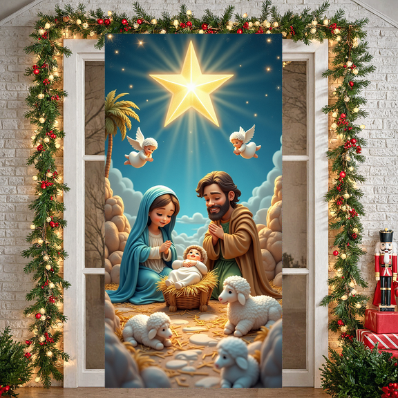 Decorative Design Nativity Scene Banner Nativity Display Religious Christmas Backdrop Polyester Material for Holiday Celebration Indoor Decoration Religious Events