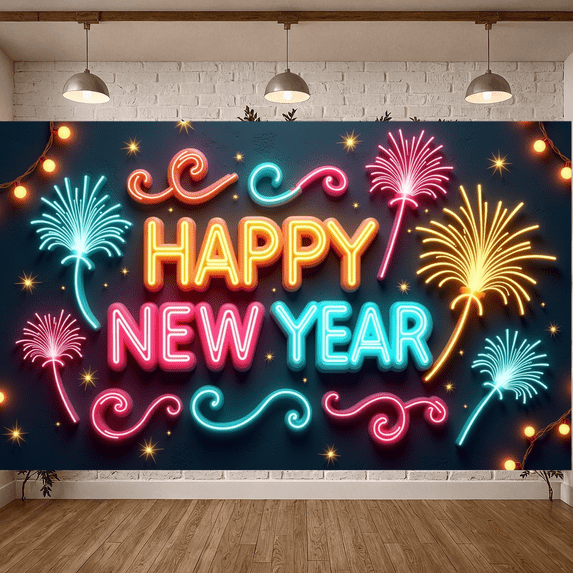 Decorative Design New Year Banner Colorful Fireworks Celebratory Backdrop for Party Celebration Festive Decoration Photo Shoot