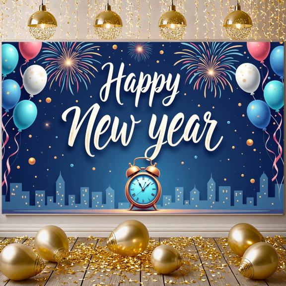 Decorative Design New Year Banner Colorful Theme Celebration Banner Balloon Decoration Fireworks Party Banner for New Year Party Festival Gathering Event