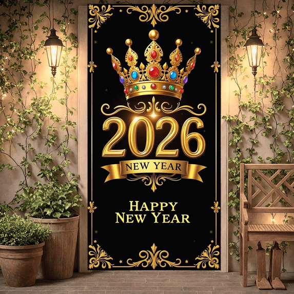 Decorative Design New Year Banner Ornamental Frame Happy New Year Crown Emblem Gold Colorful Gems for Holiday Party Celebration Event Decoration
