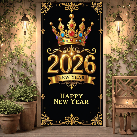 Decorative Design New Year Banner Ornamental Frame Happy New Year Crown Emblem Gold Colorful Gems for Holiday Party Celebration Event Decoration