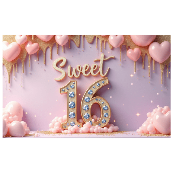 Decorative Design Sweet 16 Birthday Banner Elegant Floral Rose Gold for Party Celebration Indoor Decoration Event