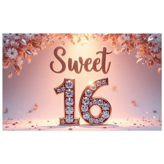Decorative Design Sweet 16 Birthday Banner Elegant Floral Rose Gold for Party Celebration Indoor Decoration Event