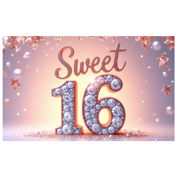 Decorative Design Sweet 16 Birthday Banner Elegant Floral Rose Gold for Party Celebration Indoor Decoration Event
