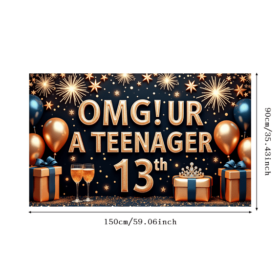 Decorative Design Teen Birthday Banner Balloon Decor Fireworks Celebration Gift Box Pattern for Teenage Party Indoor Decoration Special Celebration