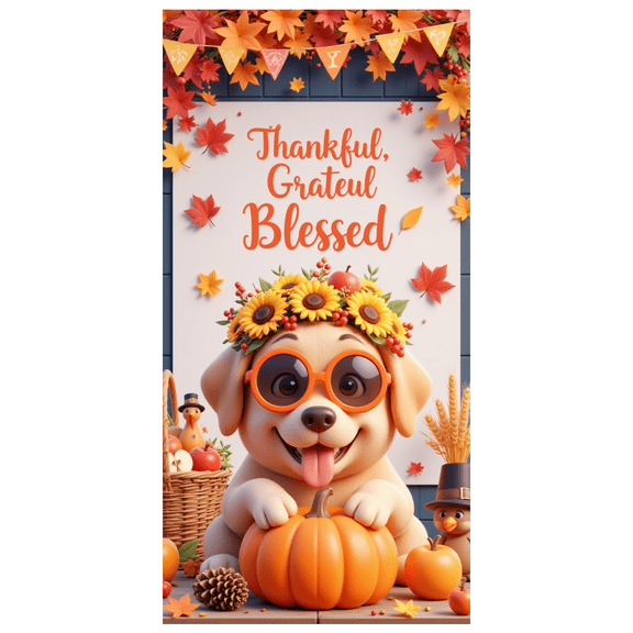 Decorative Design Thanksgiving Banner Sunflower Dog Autumn Decorations Thankful Grateful Blessed Banner for Fall Gathering Harvest Celebration