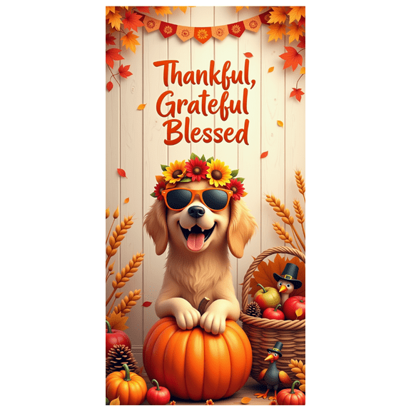 Decorative Design Thanksgiving Banner Sunflower Dog Autumn Decorations Thankful Grateful Blessed Banner for Fall Gathering Harvest Celebration