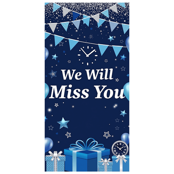 Decorative Design We Will Miss You Banner Colorful Stars Clock Decorative Elements Farewell Celebration Background for Indoor Decoration Event Party