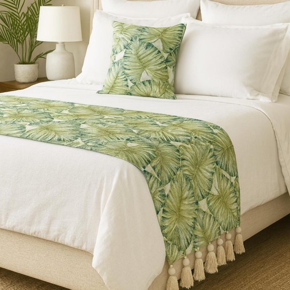 Decorative Designer Handmade Bed Runner with Decorative Throw Pillow Cover, 68 x 18 Inch Designer Full Size Bed Scarf in Printed Linen & Embroidery Bed Linen - Tropical Feeling