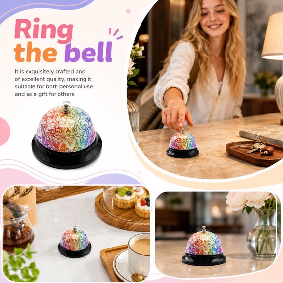 Decorative Desk Bell, Reception Bell, Counter Bell, Metal Push Bell, 1Pc Floral Rainbow Decor Desk Bell with Non-Slip Base, Crisp Sound Easy to Wipe Clean for Home School