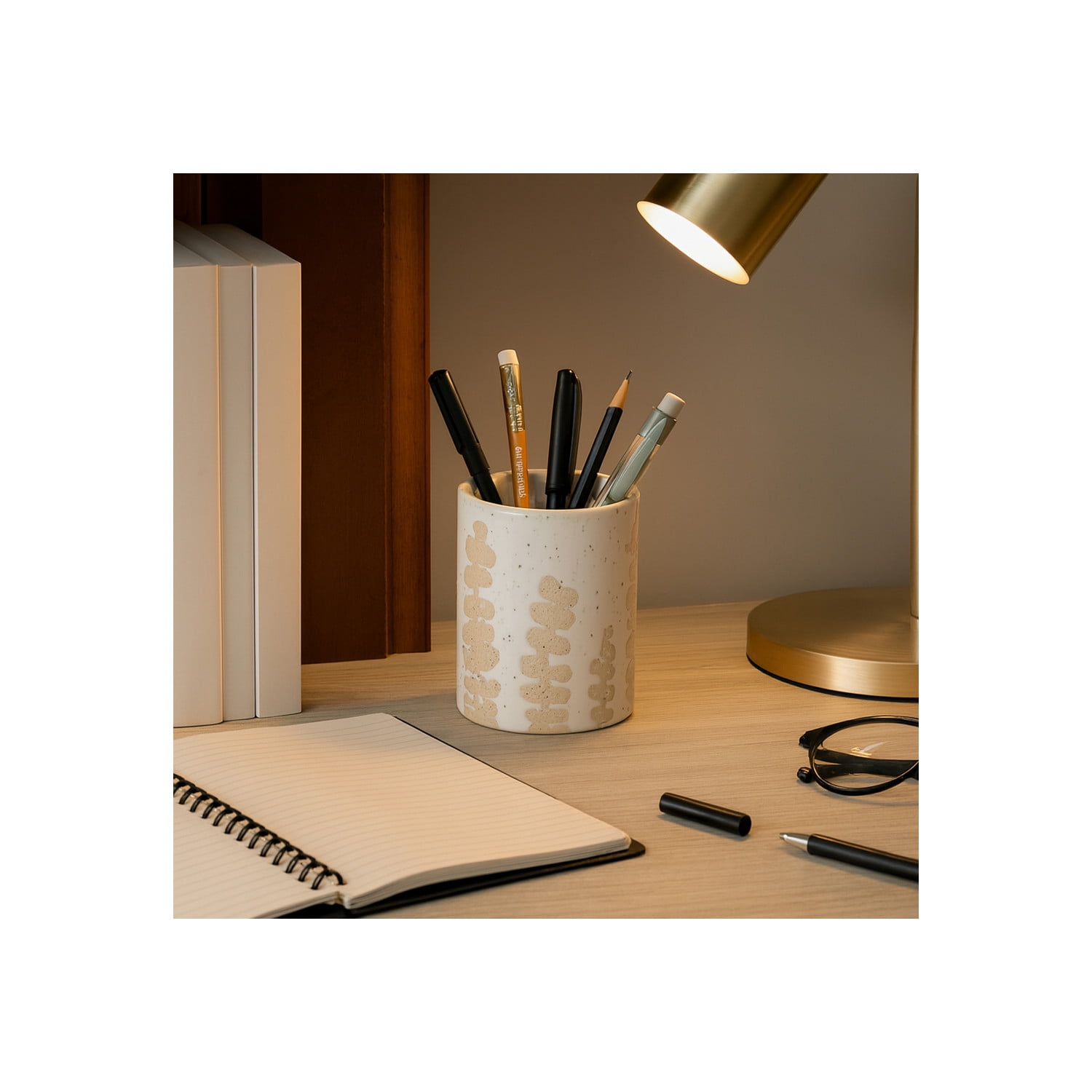 Decorative Desk Organizer with Wild Plant Print Design - Desktop Storage for Workspace Accent or Small Desk Decor - Functional Office Accessory for Bathroom, Bedroom, or Home Decor - 4", Tan & Ivory