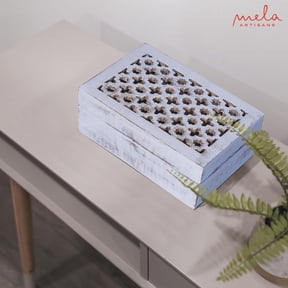 Decorative Distressed White Mango Wood Box with Lid - “Trellis” Large Keepsake Box- 9” x 6” x 3.5”