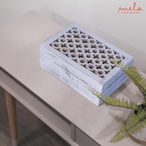 Decorative Distressed White Mango Wood Box with Lid - “Trellis” Large Keepsake Box- 9” x 6” x 3.5”