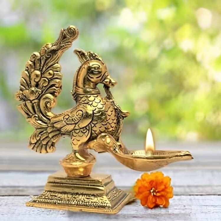 Decorative Diya Deepak Pooja Peacock Design Puja Item Brass Oil Lamp for Pooja Aarti Diya Lighting Pooja Kit Lanterns Lamps Indian Traditional Festival Diwali Decorations(Size-Height:-4") (Peacock-2)