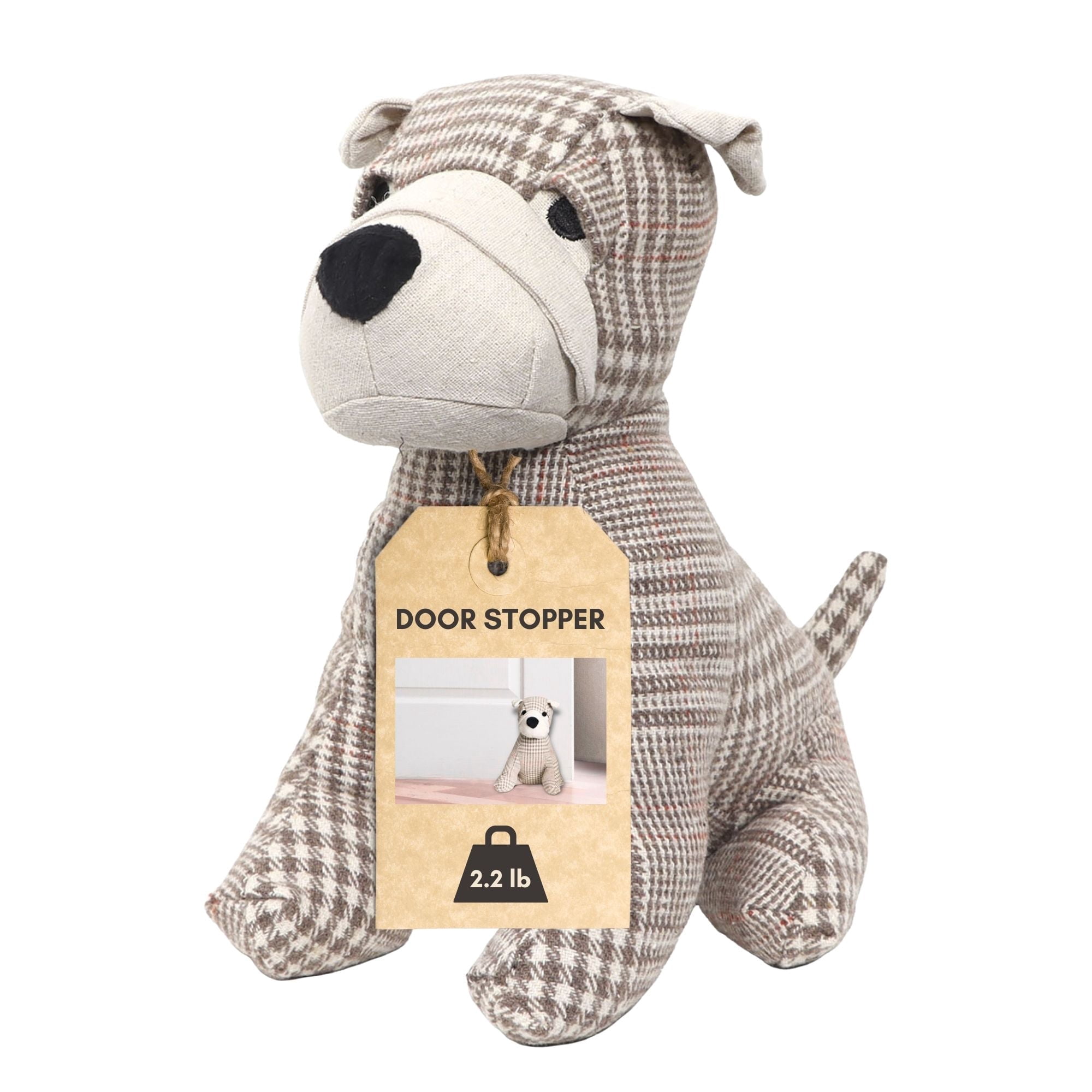 Decorative Dog Door Stop - 2.3 lb. Weighted Door Stopper for Living Room, Bedroom or Office - Adorable Puppy Design with Beige Tartan Fabric - Durable and Stylish Door Holder