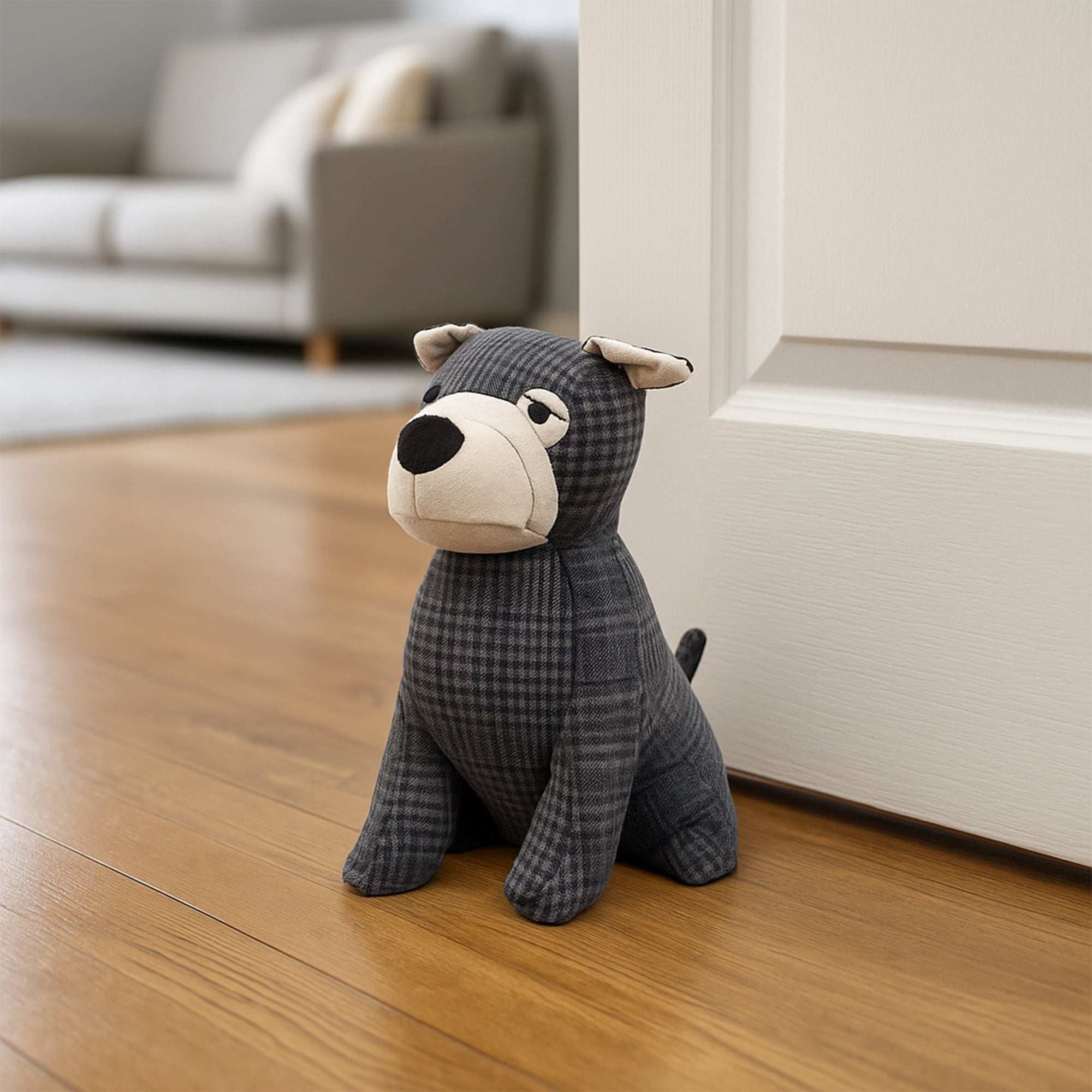 Decorative Dog Door Stop - 2.3 lb. Weighted Door Stopper for Living Room, Bedroom or Office - Adorable Puppy Design with Gray Tartan Fabric - Durable and Stylish Door Holder