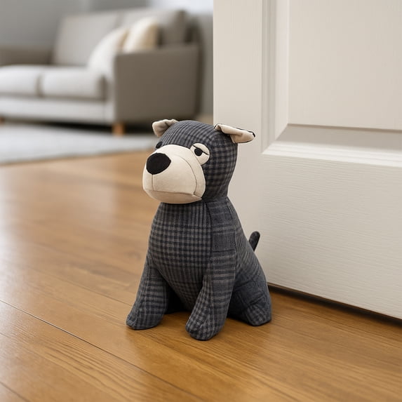 Decorative Dog Door Stop - 2.3 lb. Weighted Door Stopper for Living Room, Bedroom or Office - Adorable Puppy Design with Gray Tartan Fabric - Durable and Stylish Door Holder