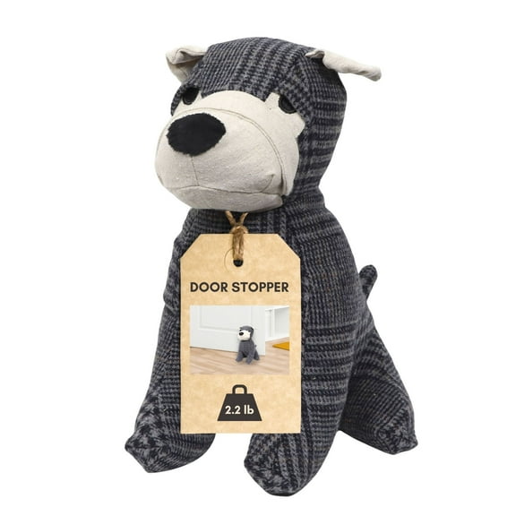 Decorative Dog Door Stop - 2.3 lb. Weighted Door Stopper for Living Room, Bedroom or Office - Adorable Puppy Design with Gray Tartan Fabric - Durable and Stylish Door Holder