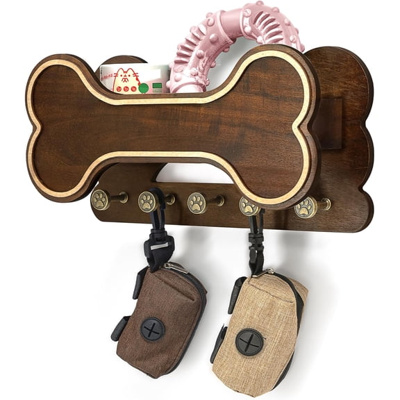 Decorative Dog Leash Holder for Wall - Bone Shape Key Holder Wall Mount with 5 Cute 3D Doggie Paw Key Hooks & Floating Shelf to Organize Dog Stuff - Wall Decor Living Room for Pet (Dark Acacia)