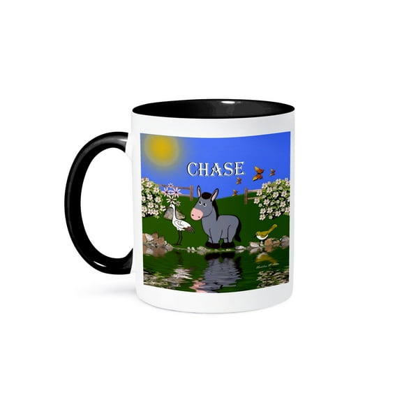 3dRose, Decorative donkey and bird art design for children - personalized with the name Chase, 11oz Two-Tone Black Mug