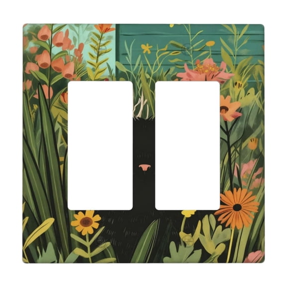 Decorative Double Rocker Switch Plate Cover, Floral Garden Black Cat Butterfly Design, 2-Gang Blank Wall Plate Insert, Standard Size Light Switch Wall Decor