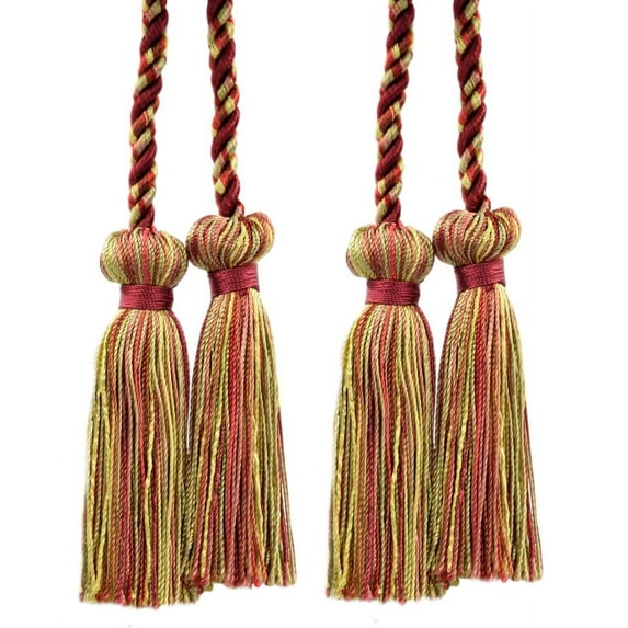 Decorative Double Tassel Curtain and Drapery Tieback / Holdback, 3" Tassel (7.5cm), 27" Spread (68.5cm) # CCT, Cajun Red #PR15 (Crimson Red, Light Beige, Light Gold) Set of 2