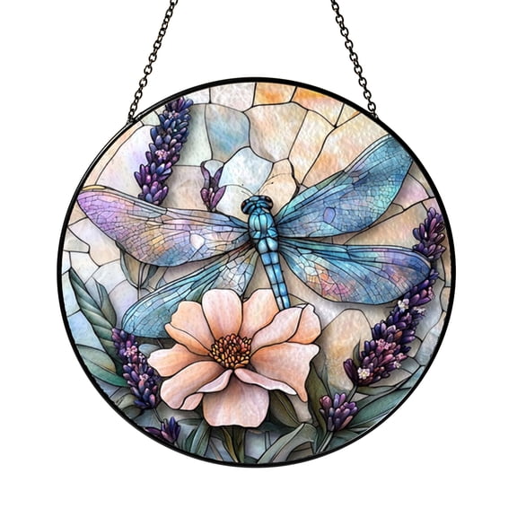 Decorative Dragonfly Glass Style Window Hanging, Lavender Garden Theme Home Decor