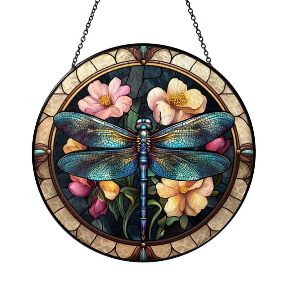 Decorative Dragonfly Glass Window Accent, Floral Hanging Art in Stained Glass Style for Interior Decor
